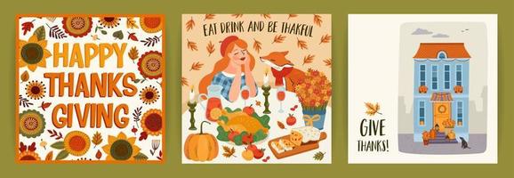 Happy Thanksgiving illustrations. Set of vector designs for card, poster, flyer, web and other use