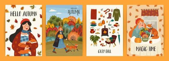 Set of autumn illustrations with cute girl. Vector design for card, poster, flyer, web and other use.