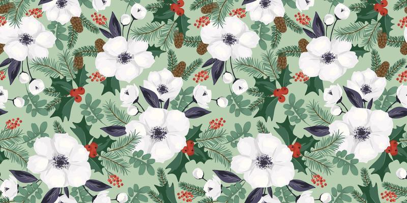 Christmas and Happy New Year seamless pattern. Christmas tree, flowers, berries. New Year symbols. Vector design template.