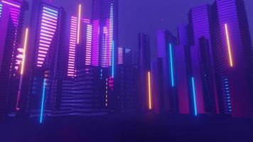 3d render of Cyber night mega city landscape scene. Light glowing and reflection on dark tech scene. Night life. Technology network for 5g. Beyond futuristic of Sci-Fi Capital city and building scene. photo