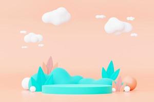 Abstract Pastel of nature, flowers leaves and tree plants with Podium stand platform. Cute Cartoon natural landscape background. Scene of spring colorful plants with minimal design. 3D Render. photo