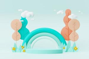 Abstract Pastel of nature, flowers leaves and tree plants with Podium stand platform. Cute Cartoon natural landscape background. Scene of spring colorful plants with minimal design. 3D Render. photo