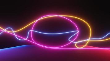 Abstract colorful neon glowing light background. Speed light illuminated. Florescent on the dark scene. Curvy moving line shape. 3D render. photo