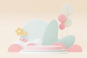 Abstract Pastel of nature, flowers leaves and tree plants with Podium stand platform. Cute Cartoon natural landscape background. Scene of spring colorful plants with minimal design. 3D Render. photo