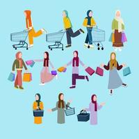 Set of Muslim Woman Shopping Character vector