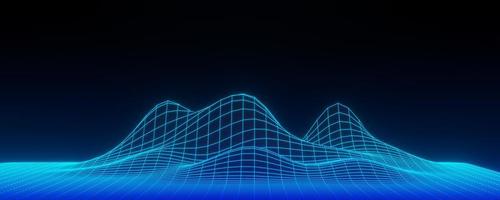 3d render of futuristic retro landscape neon light on darkness background. Abstract Laser cyber lines show at night. Ultraviolet spectrum beam scene for mock up and web banner. photo
