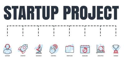 Startup project and development banner web icon set. startup rocket, support, briefcase, research microscope, winner trophy, analytics, control, deadline vector illustration concept.