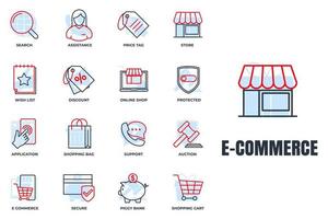 Set of E-commerce icon logo vector illustration. shopping cart, wish list, piggy bank, search, secure, protected shield and more pack symbol template for graphic and web design collection