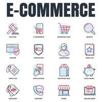 Set of E-commerce icon logo vector illustration. shopping cart, wish list, piggy bank, search, secure, protected shield and more pack symbol template for graphic and web design collection