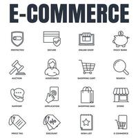 Set of E-commerce icon logo vector illustration. shopping cart, wish list, piggy bank, search, secure, protected shield and more pack symbol template for graphic and web design collection