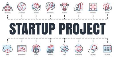 Startup project and development banner web icon set. solution, brainstorm, calendar, idea, growth, partnership, success and more vector illustration concept.