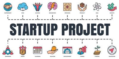 Startup project and development banner web icon set. solution, brainstorm, calendar, idea, growth, partnership, success and more vector illustration concept.