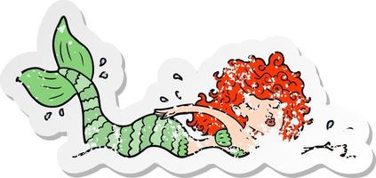 distressed sticker of a cartoon mermaid vector