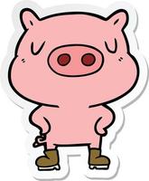 sticker of a cartoon pig wearing boots vector
