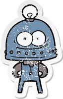 distressed sticker of a happy carton robot with light bulb vector