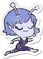 distressed sticker of a smiling alien girl cartoon running vector