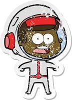 pegatina angustiada de un astronauta sorprendido de dibujos animados