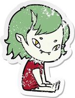 distressed sticker of a cartoon friendly vampire girl sat down vector