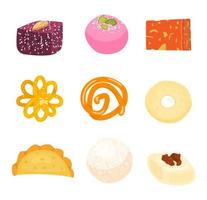 Vector set of traditional Indian sweets.  Gujiya, sandesh, gulab jamun, jalebi, rasgulla and others.