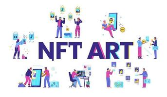 NFT non fungible token concept vector banner. People creatiT art  illustrations.ng, selling, choosing and buying NF