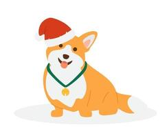 Corgi Dog In Santa Hat With Bell. Isolated On White. Flat Vector Illustration.