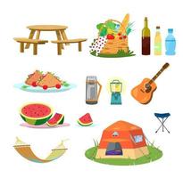 Vector picnic set. Plates with food, hammock, picnic basket, guitar, folding chair, thermos, drinks, tent. Cartoon style.