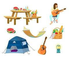 Vector picnic set.Picnic table, plates with food, picnic basket, woman playing guitar, hammock, drinks,lantern, tent.