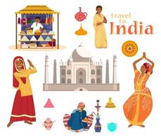 Indian vector set.Taj Mahal, Indian women in traditional dresses dancing, man smoking hookah, carpets and fabrics street shop, hand made ceramics, travel to India text.