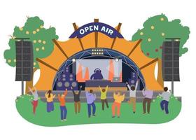 Open Air Festival Music Stage With DJ And People Dancing. Flat Vector Illustration. Isolated On White.