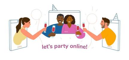 Online Party During Quarantine Concept Vector Illustration. Happy People Of Different Ethnicity Clinking Glasses Of Wine From Smartphones And Tablet.