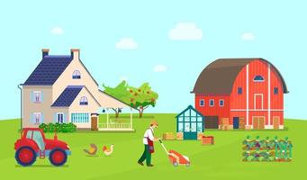 Vector illustration of farm scene. Country house, greenhouse, barn, tractor, man mowing lawn, chikens pecking grain, wooden boxes with vegetables, vegetable beds, apple orchard.