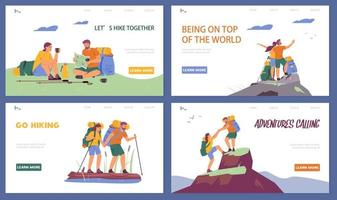 Couple hiking vector landing page template set. Active lifestyle, tourism exploring nature concept.