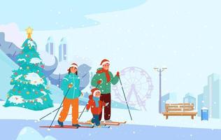 familia con sombreros de santa esquiando en el parque de invierno. fondo de jardín público. ilustración vectorial plana. vector