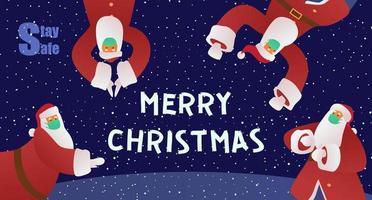 Marry Christmas Banner With Funny Dancing Santa Clauses In Protective Masks. Stay Safe Concept. Vector Illustration.