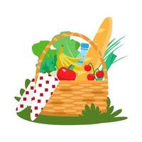Picnic basket with fruits and vegetables, water, beguette and cloth. Cartoon vector. Isolated on white. vector