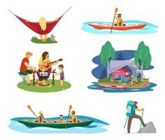 Vector set of people in hike and night camp. Family near camp fire cooking fish soup, playing guitar, child firing marshmallow, man kayaking, family kayaking, woman resting in hammock, man climbing.