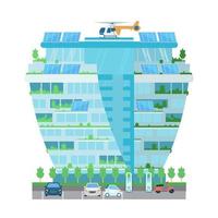 Modern skyscraper building with helicopter on the roof, sun batteries, plants, charging station for electro cars on the parking. Smart city. Flat vector illustration isolated on white.