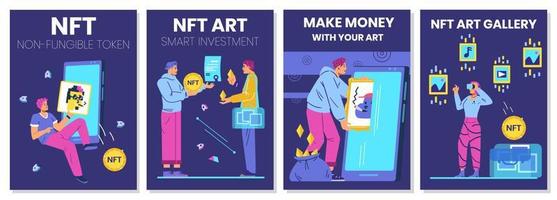 NFT non fungible token concept vector set of cards. People creating, selling, choosing and buying NFT art  illustrations.