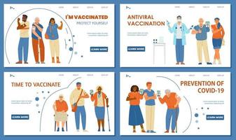 vacunación contra el conjunto de plantillas de página de inicio del vector coronavirus. felices hombres y mujeres mayores y jóvenes mostrando las manos con parches o sosteniendo teléfonos con certificado de vacunación.