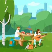 Vector illustration of couple having picnic in park. Woman playing guitar, man cutting watermelon. Cityscape at the background. Picnic bascket with fruits, vegetables and baguette. Cartoon style.