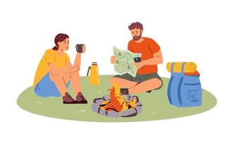Couple hiking making halt reading map and planning the route flat vector illustration. Man and woman sitting near campfire drinking tea. Isolated on white.