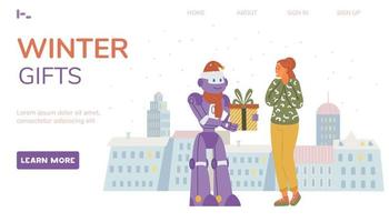 Winter sale web page vector template. Robot giving gift to a woman. City background.