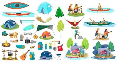 gran conjunto vectorial de equipos de senderismo y personas en una caminata al estilo catroon plano. elementos para acampar familia cerca del fuego del campamento, hombre en kayak, familia en kayak, hombre escalando, mujer en hamaca. vector