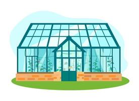 Vector illustration of greenhouse with different plants inside in flat style. Glass house with tomatoes and cucumber plants.