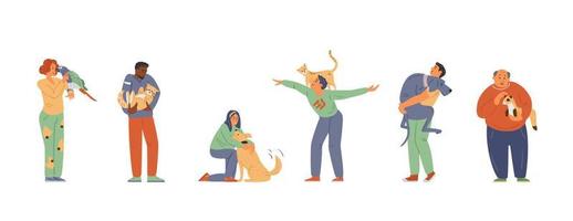 conjunto vectorial de dueños de mascotas felices con animales. hombres y mujeres sosteniendo, abrazando gatos, perros, loros, hurones. aislado en blanco vector