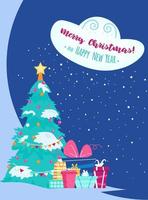 Vector Merry Christmas and Happy New Year card with Christmas tree and colorful gift boxes. Flat vector design.