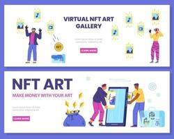 NFT non fungible token concept vector horizontal banners. People creating, selling, choosing and buying NFT art  illustrations.