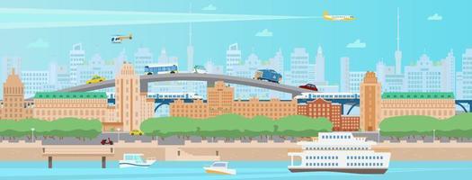 Horizontal modern summer city panorama. Cityscape with houses, quay, boats, ferry, train, bridge, cars, trees, helicopter and train, skyscrapers. Flat vector illustration.
