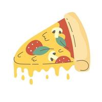 una rebanada de pizza con salchicha, champiñones y queso derretido. comida fresca y caliente. imagen vectorial aislada en un fondo blanco. vector