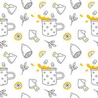 Seamless pattern with lemon, cookies, mint leaves and a teacup on a white background. Hand-drawn icons in the doodle style. Isolated vector illustration for tablecloths, napkins, curtains